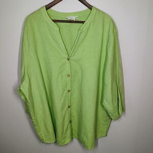 Hot Cotton Top Womens 3X Linen Blend Button Down Lime Green Lagenlook 3/4 Sleeve